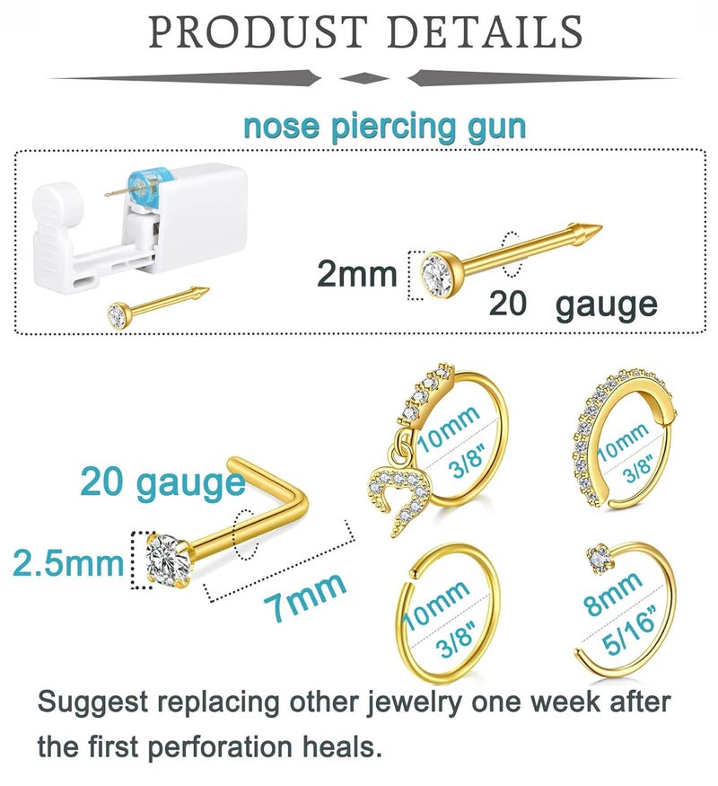 QWALIT Gold Nose Piercing Kit with Disposable Gun and Rings - Image 2